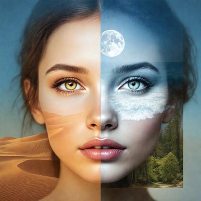 The primary subject of the image is a woman with two different colored eyes. The setting is a painting or digital artwork, featuring a woman with one eye painted blue and the other eye painted yellow. The visual style is a combination of photo and digital art, creating a unique and eye-catching image. The colors and mood of the image are vibrant and lively, with the woman's eyes being the focal point of the artwork.